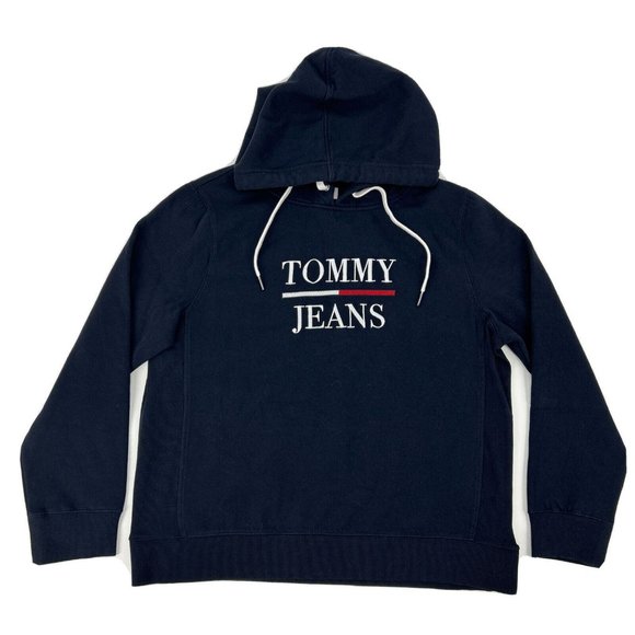 Tommy Jeans Sweatshirt Womens L Navy Blue Drawstring Logo Long Sleeve Hoodie NEW - Picture 1 of 11
